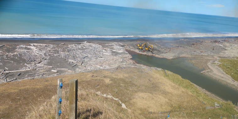 Burning stacks of woody debris along the Waikare coastline near the Waitaha Stre